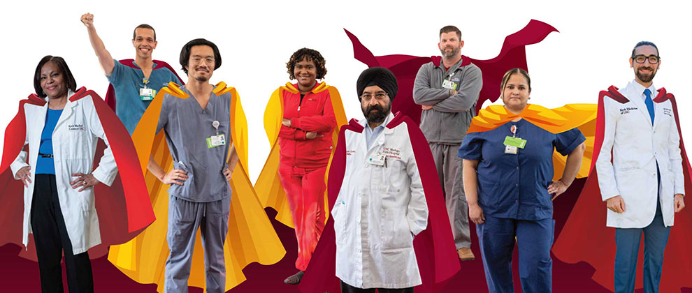 A diverse group of health care providers shown as super heroes