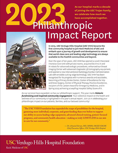 Historic photo of USC Verdugo Hills Hospital on the cover of the 2023 Philanthropic Impact Report.