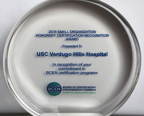 USC Verdugo Hills Hospital Emergency Nursing Certification Award