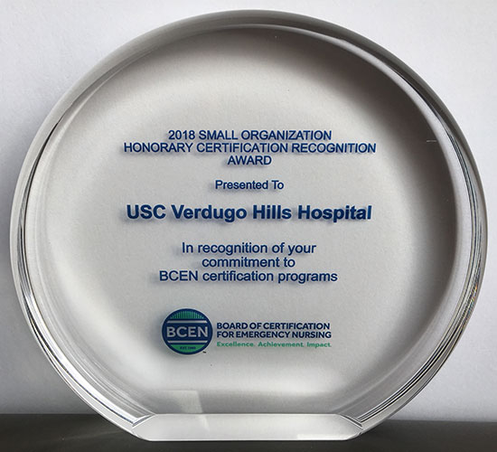 USC Verdugo Hills Hospital Emergency Nursing Certification Award